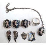 Vintage Siam silver Niello jewellery, three pendants (one with chain), pair of clip earrings, a ring