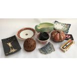 A mixed box of ceramics to include a Sylvac shell vase, dog figurines, Tenmoku, Staffordshire etc