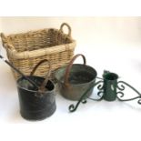 Am square wicker basket, small coal scuttle and shovel, aluminium pot, and a christmas tree stand