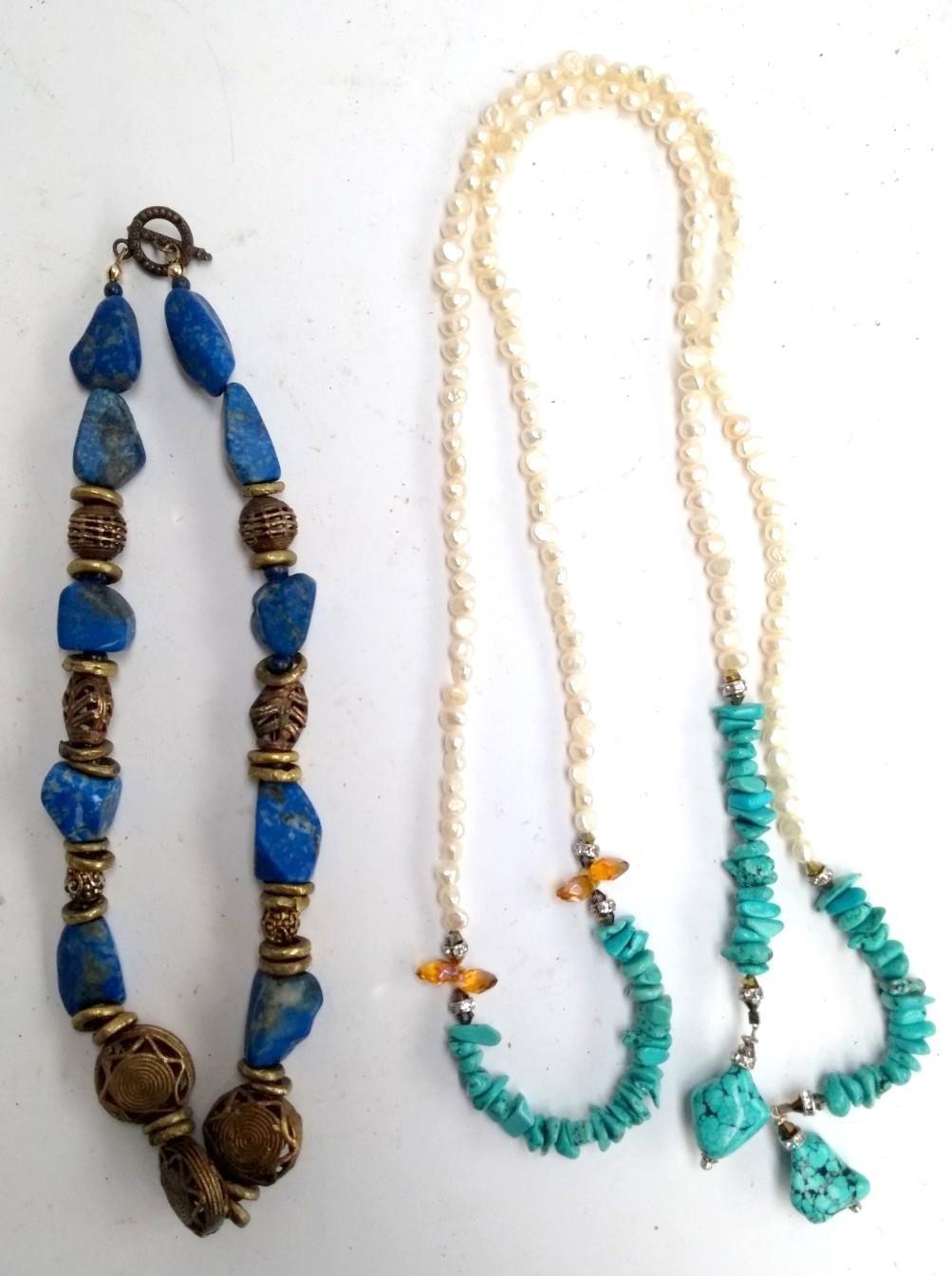 Necklace set with Lapis stones together with a turquoise and seed pearl necklace