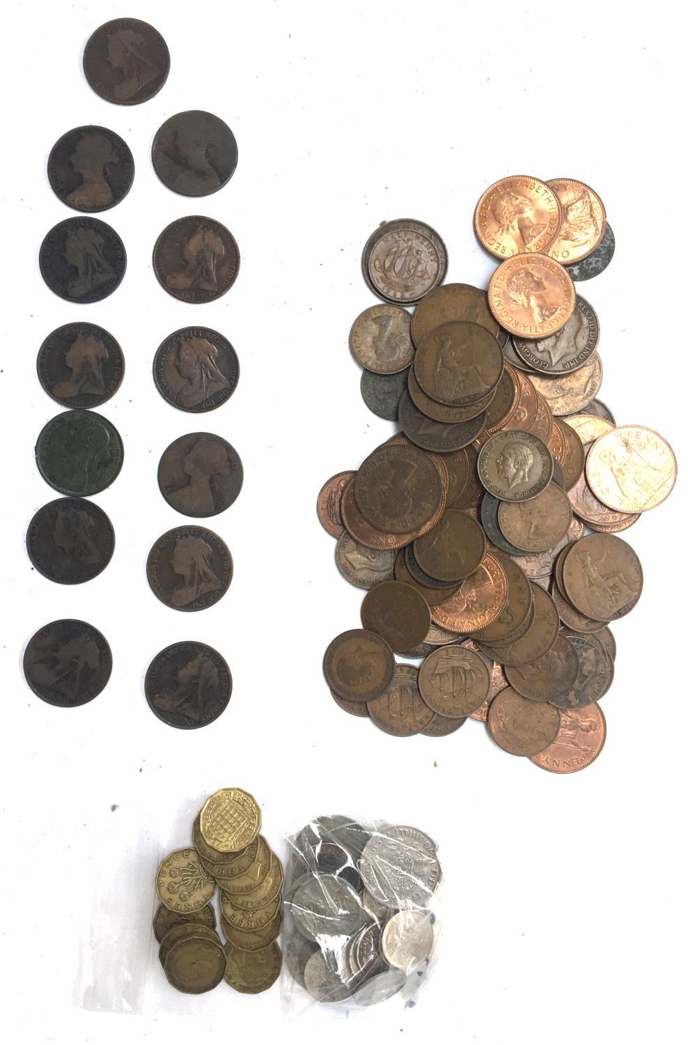 A number of Victorian one penny coins dated 1872-1901 (13); together with a number of 20th century