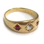 18ct gold dress ring set with one diamond flanked by a ruby each side, size N, approx. gross