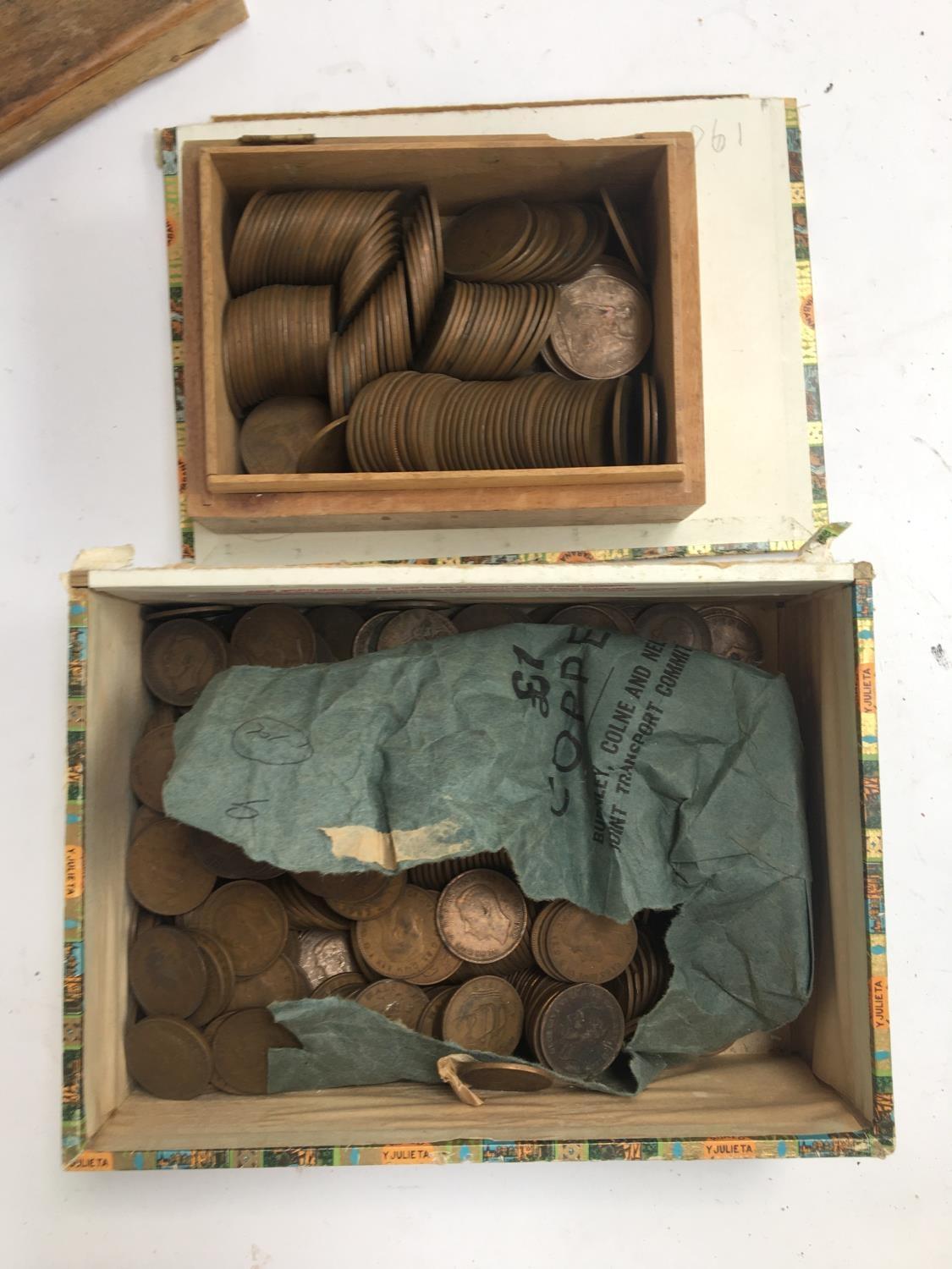 Two boxes of British 20th century half penny and one penny coins