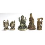 A collection of five cast metal figurines, to include Ganesha, 10.5cmH (5)