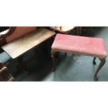 A low oak occasional table, 72cmW; together with an upholstered footstool on cabriole legs, 65cmW