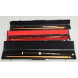 Three cased snooker/pool two piece cues; to include a Unicorn John Parrott; a Triangle; and a BCE
