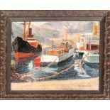 20th century French school, G Medecin, boats in harbour, oil on board, signed lower right, 28x36cm