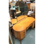 A burr walnut veneer modern dressing table, three part adjustable mirror, arrangement of seven