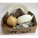 A mixed box of ceramics to include T.G Green Jug, Stoneware jar and various pieces of French