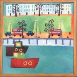20th century contemporary school, 'Boats on a London River', oil on canvas, 100x100
