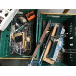 Two mixed boxes of tools, to include a quantity of drillbits, mitre saw, decorating tools etc