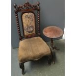 A small bedroom chair with bobbin turned supports, oak tripod table, and open armchair with caned