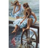 Sherree Valentine Daines (b.1956), girls fishing, textured print on board, numbered 41/95 lower