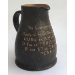 A Royal Doulton 'Slaters Patent' leather ware jug, moulded with 'The Landlords Invitation' verse, on