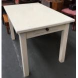 A painted pine kitchen table with single end drawer and bolt on legs, 122x76x76cmH