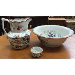 A Mason's washbowl and jug, together with small bowl (AF), the washbowl 32cmD