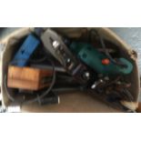 A mixed box of tools to include record plane, blackspur corded drill, several squares, one other