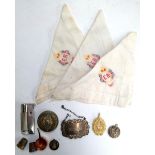 Three handkerchiefs 1937 commemorating Edward VIII Coronation, silver sherry label, a Bopa Extra