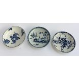 Three blue and white porcelain saucers (af), one with cannonball pattern, 12.5cmD, the other two