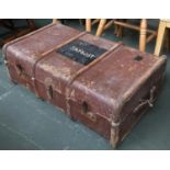 A wood banded travel trunk, the top stamped 'J A Frost', 85cmW