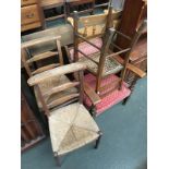 A pair of oak occasional chairs with rush seats; together with two other chairs