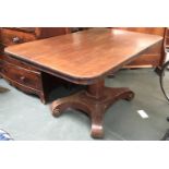 A Victorian rectangular pedestal table, tip top, on solid barrel turned column and quatrefoil