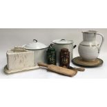 A mixed lot of vintage kitchenalia, to include several enamel bread bins, enamel jug, butter pats,