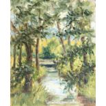 20th century French school, study of stream in woodland, oil on board, 41x33cm