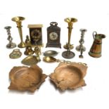 A number of brass items, to include several mantel clocks, pair of spill vases, pair of