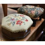 A small octagonal footstool/sewing box, together with another small footstool, on turned legs,