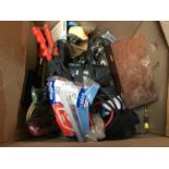A mixed box of tools to include; drill; hacksaw; jump leads etc
