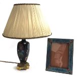 An Oriental cloisonne enamel table lamp on brass base, signed; together with a decorative photo