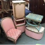 Five Lloyd loom style wicker items: a small bedroom chair, blanket box, cross frame stool, laundry