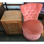 A small oak bedside cabinet, 39.5cmW; together with a button back bedroom chair