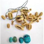 Japanese beads together with 4 beads depicting scarab beetles and pendant