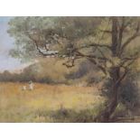 EM Miller, early 20th century impressionist watercolour of figures in a pasture, signed lower right,
