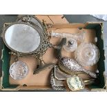 A number of dressing table items to include plated brush and hand mirrors, cut glass power jars,