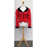 A 1990s Bellville Sassoon Lorcan Mullany red scoop-necked jacket with black velvet collar and cuffs,