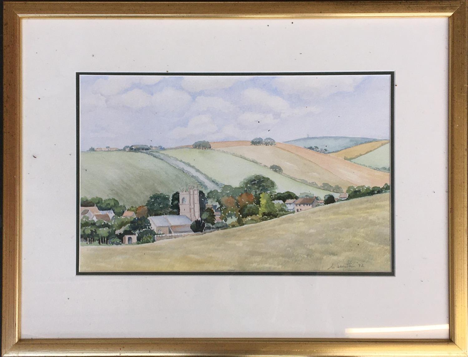 Country church within the hills, watercolour on paper, signed indistinctly, 36x23cm