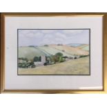 Country church within the hills, watercolour on paper, signed indistinctly, 36x23cm