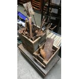 A large quantity of ironmongery and two vintage wooden boxes; together with a metal travel trunk