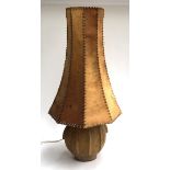 A floor standing ceramic 'gourd' lamp, with tall leather shade, 84cmH