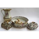 A wash bowl, jug, shaving dish, etc; together with two Oriental bed pans