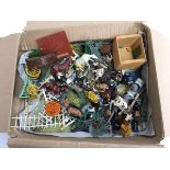 A quantity of cast metal toy farm animals and vehicles, horses, cows, pigs, sheep, etc; together