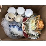 A mixed box of ceramics to include meat plates; cottage teapot; some teawares; ceramic kitchen