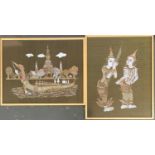 Two Thai needlework pictures, each 51x40cm; together with an oil on canvas depicting Thai fishing