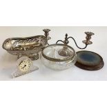 A small lot of plated wares to include, two arm candlestick; cut glass fruit bowl; small cut glass