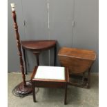 A small gateleg table; modern demilune table; standard lamp; piano stool; Liberty style oak table
