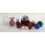 A collection of glassware, to include elephant and bird Wedgwood paperweights, Caithness