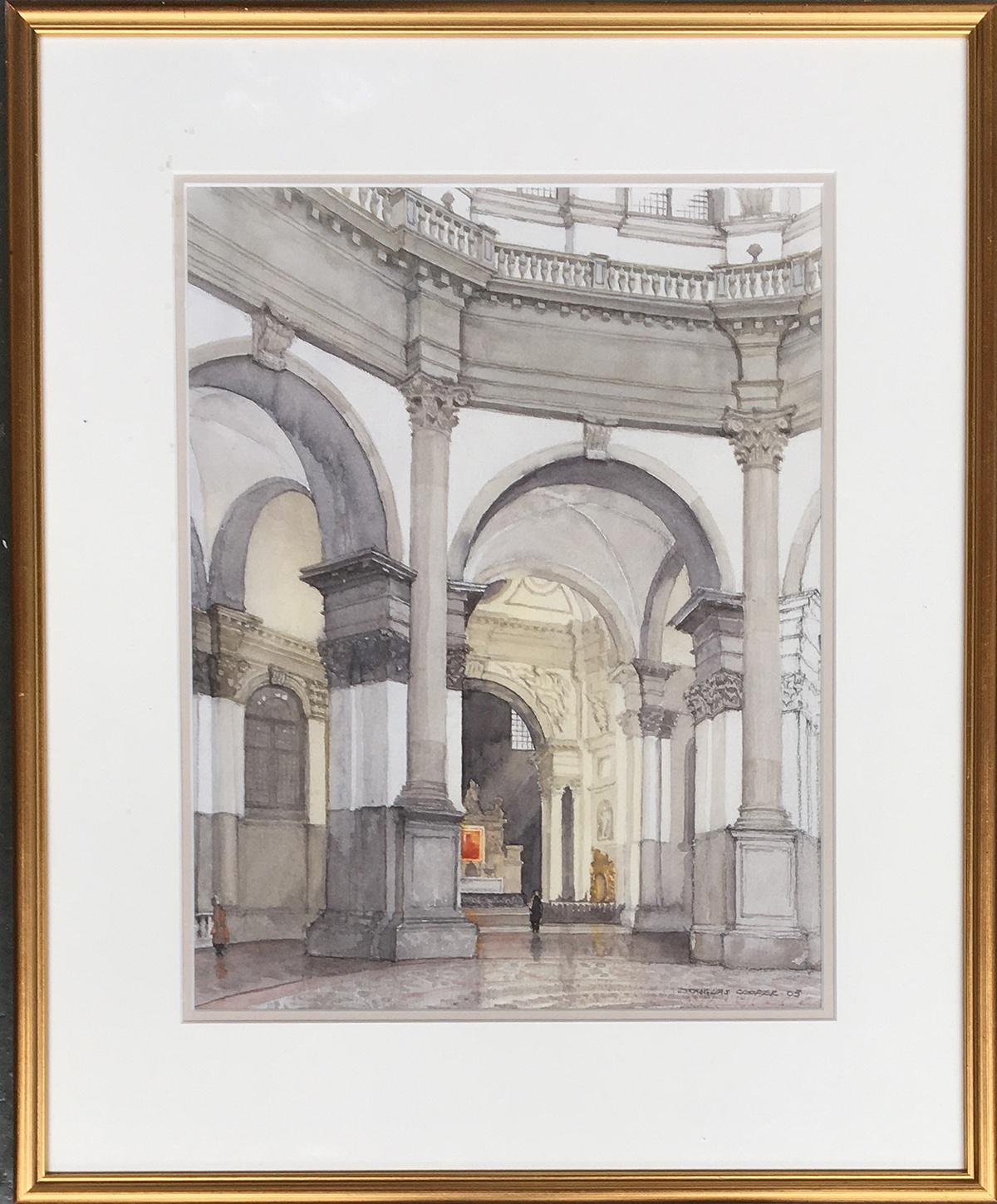 Douglas Cooper, watercolour of a cathedral interior, signed and date 2005 lower right, 35x27cm